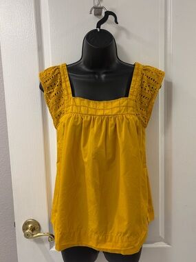 J. Crew Eyelet Cap-Sleeve Square-Neck Mustard Yellow Cotton Tank Top Summer